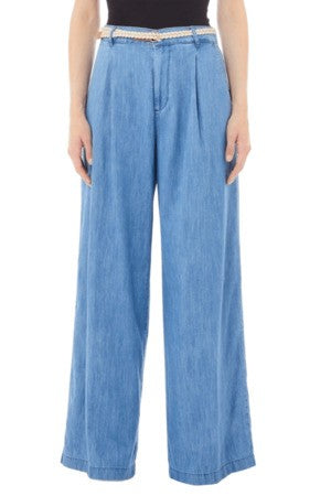 Wide-leg Light Denim Trousers with Front Pleats
