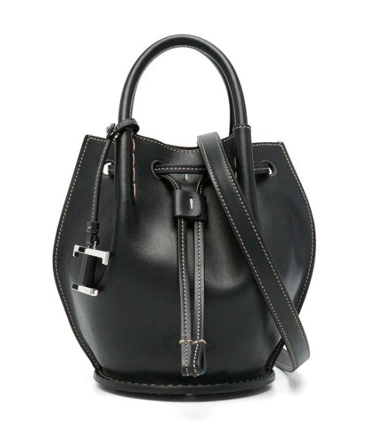 Structured Black Calfskin Bag with Drawstring Closure