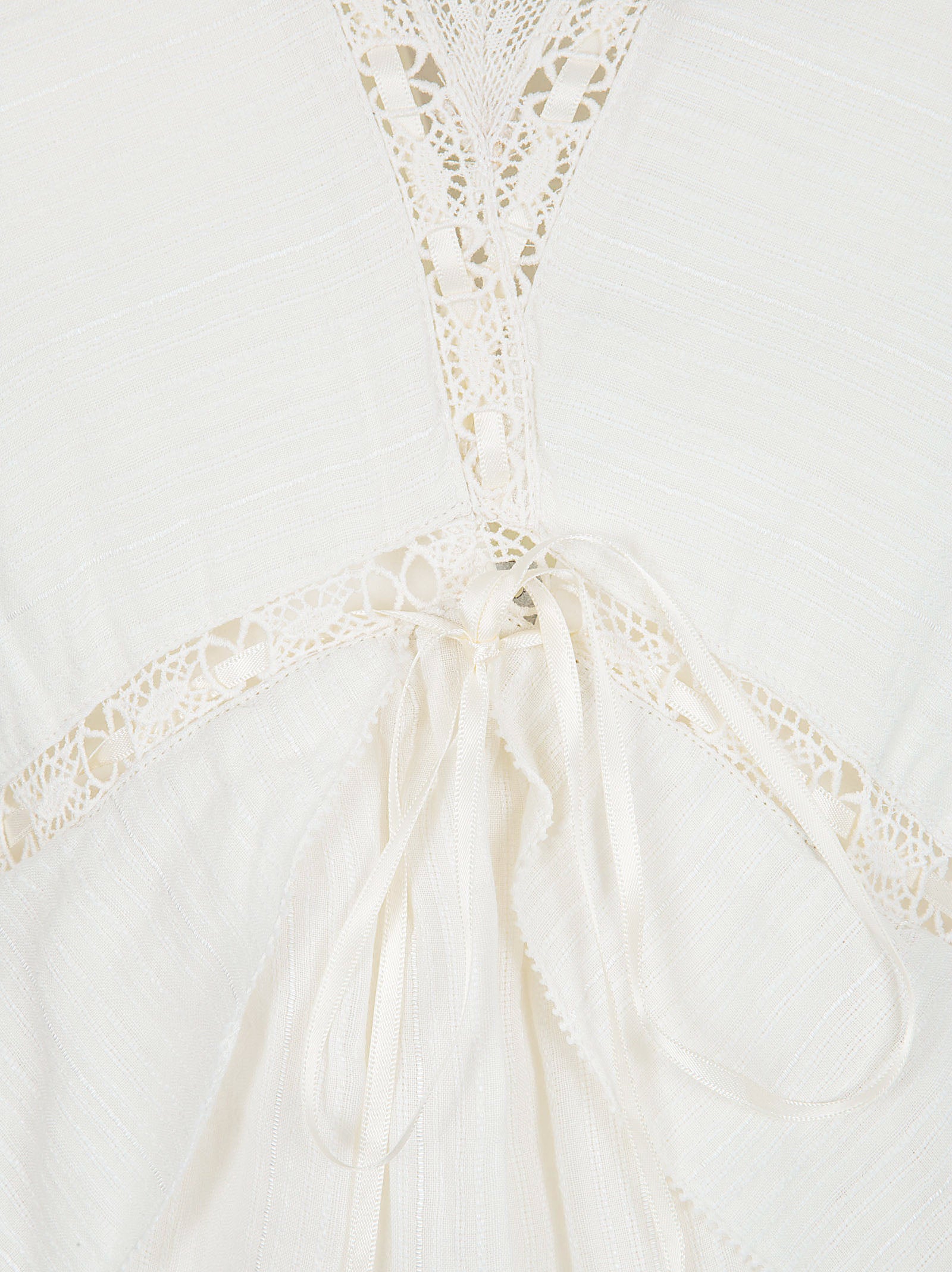 Ecru Mini Dress with Lace Trims and Ruffled Hem
