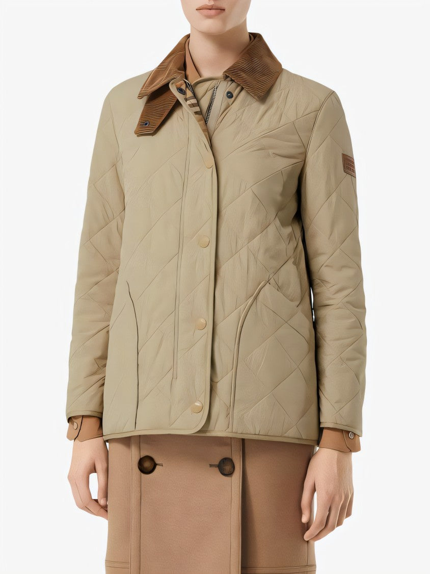 Diamond Quilted Padded Jacket with Corduroy Collar
