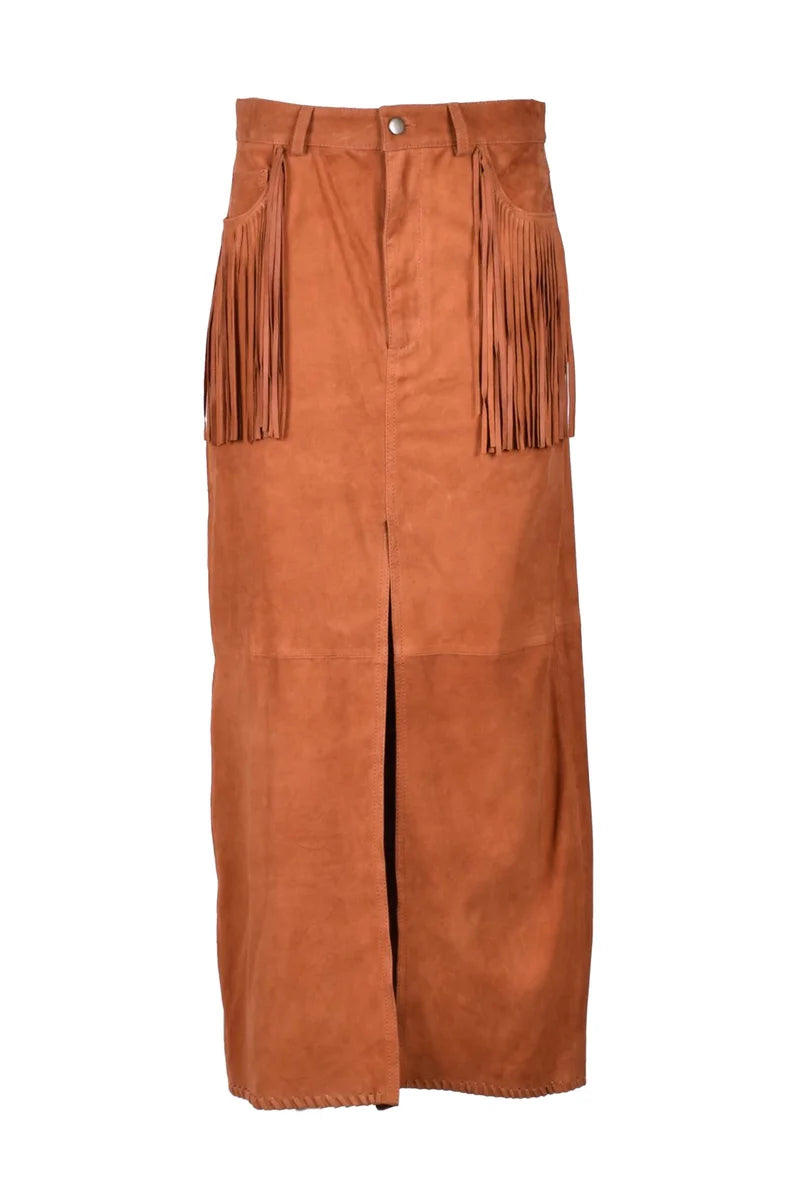 Long Suede Leather Skirt - Cognac