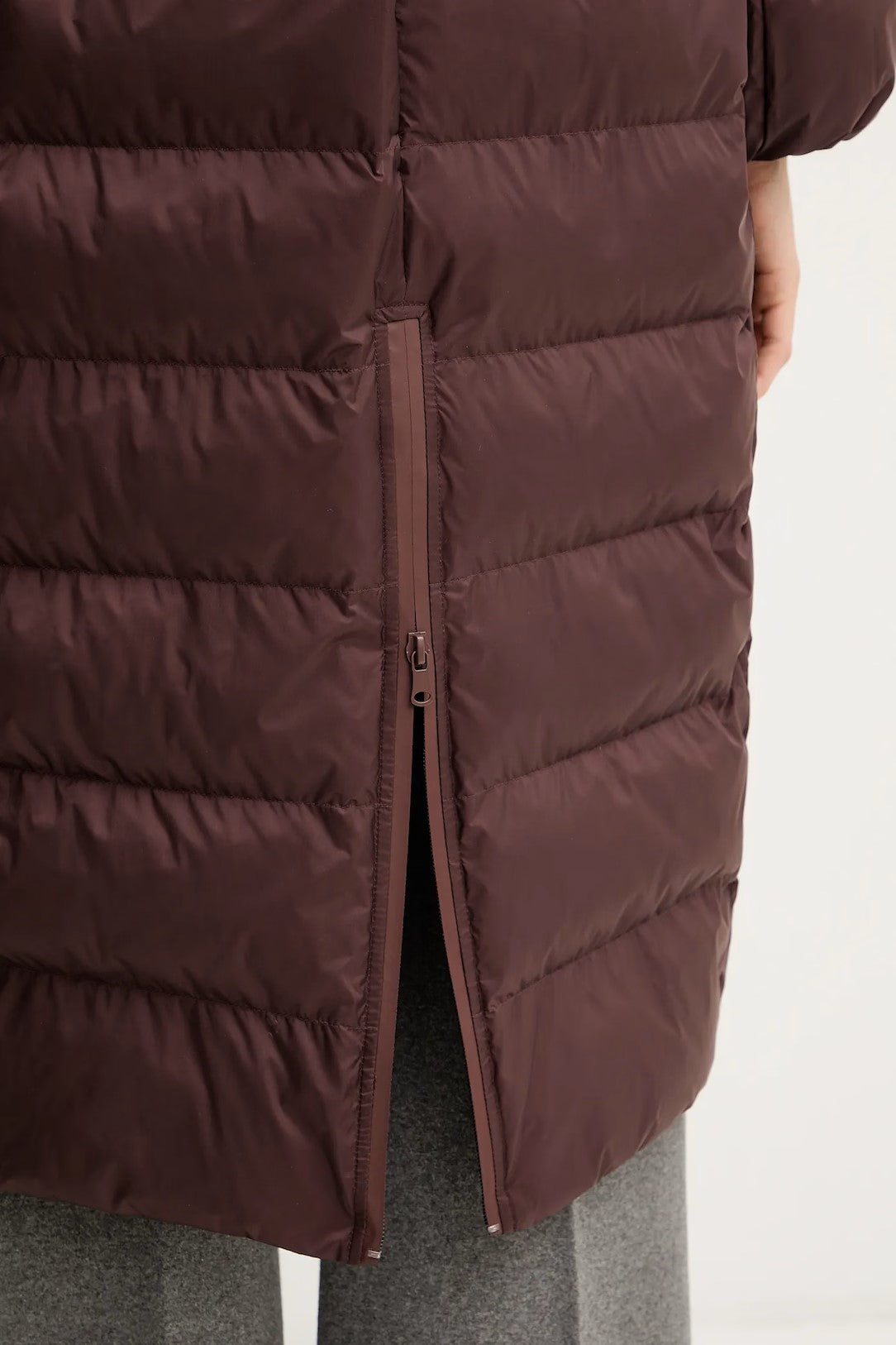 Burgundy Quilted Long Coat With Adjustable Hood