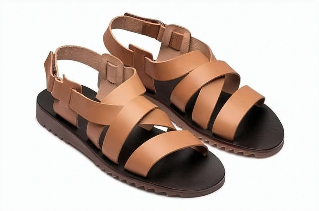 Men's Brown Leather Sandals with Adjustable Ankle Strap