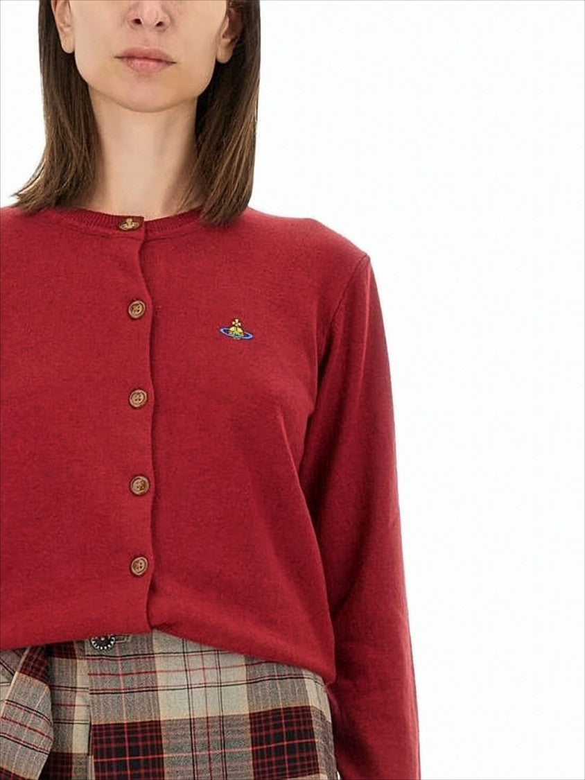 Classic Red Cashmere Blend Cardigan with Embroidered Emblem