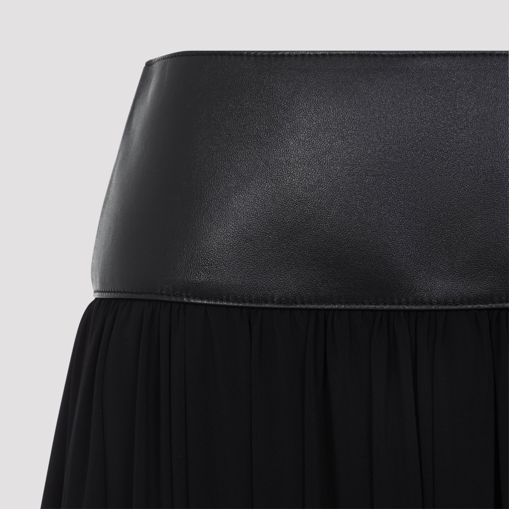 Pleated Black Midi Skirt With High Lamb Leather Waistband