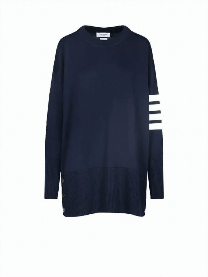 Relaxed Fit Wool Sweater with Striped Sleeve and Button Accents