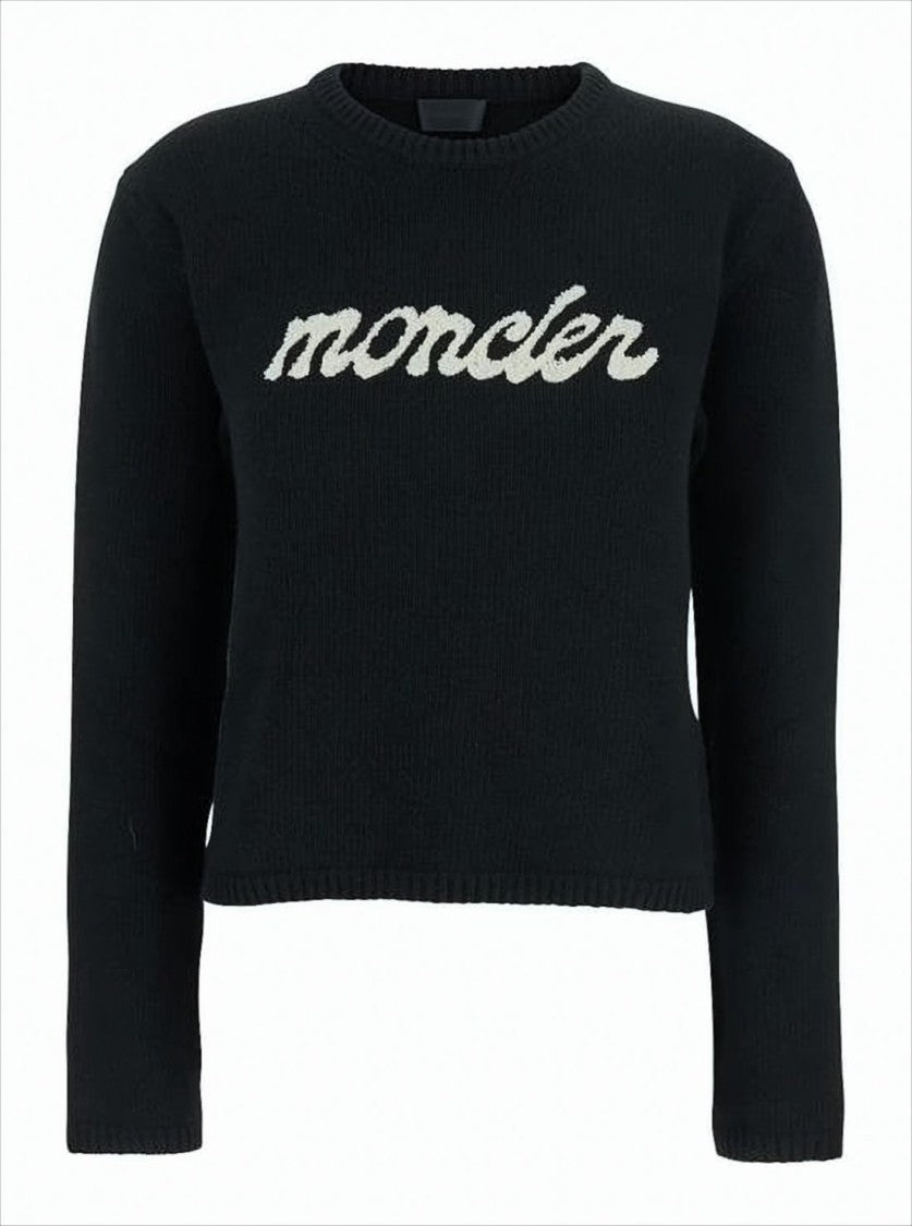 Cropped Black Knit Sweater with Textured Logo