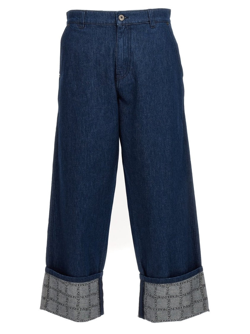 Relaxed-Fit Wide-Leg Denim Pants With Cuffed Hem And Patterned Interior