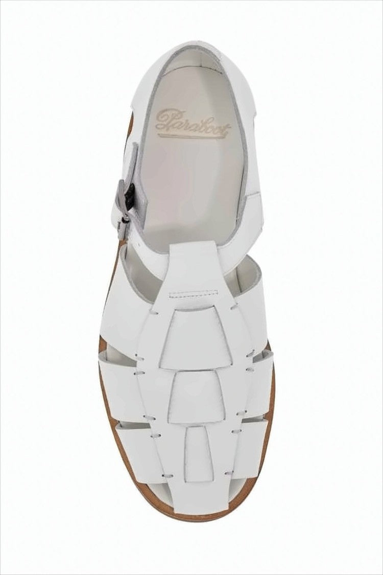 White Leather Cage Sandals with Brown Rubber Sole
