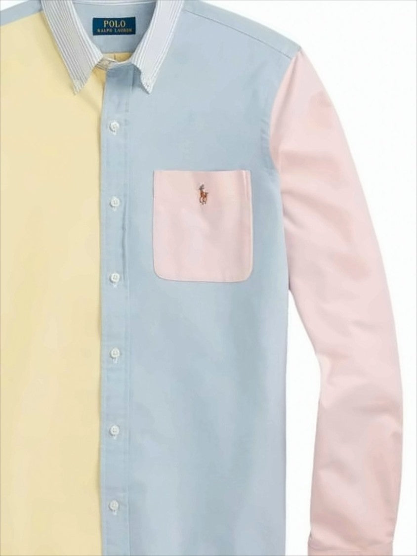 Pastel Patchwork Long Sleeve Shirt With Contrasting Chest Pocket