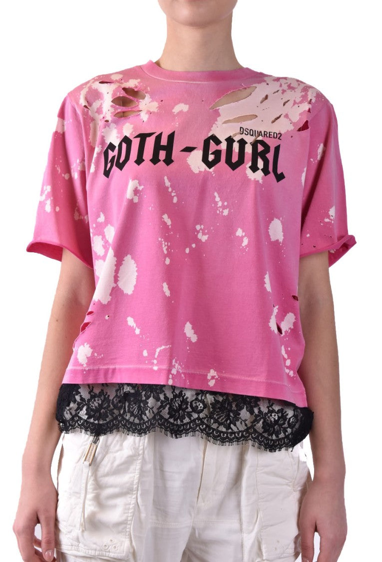 Fuchsia Worn Effect Logo Print T-Shirt With Laced Hem