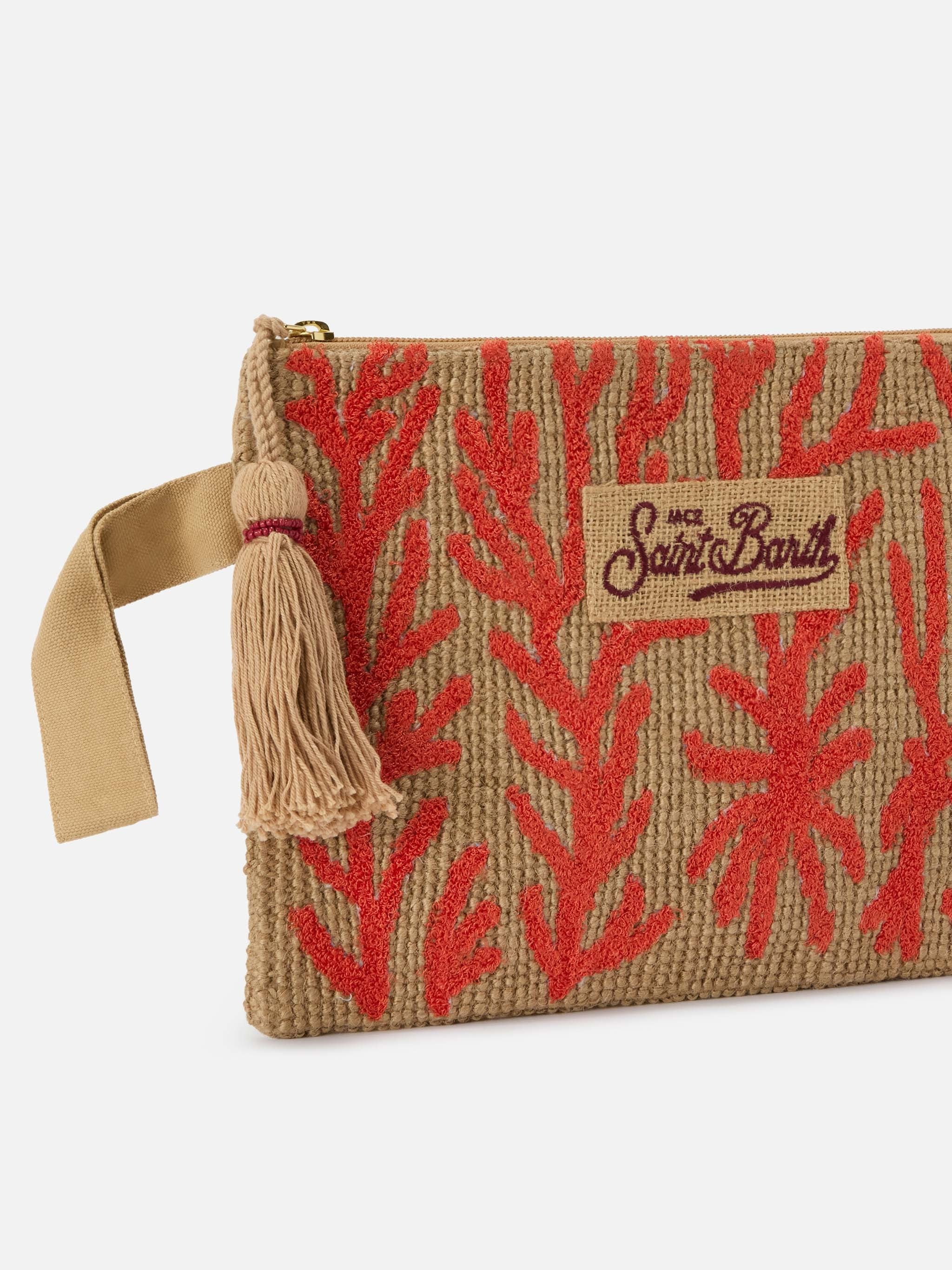 Textured Rectangular Clutch Bag with Coral Embroidery