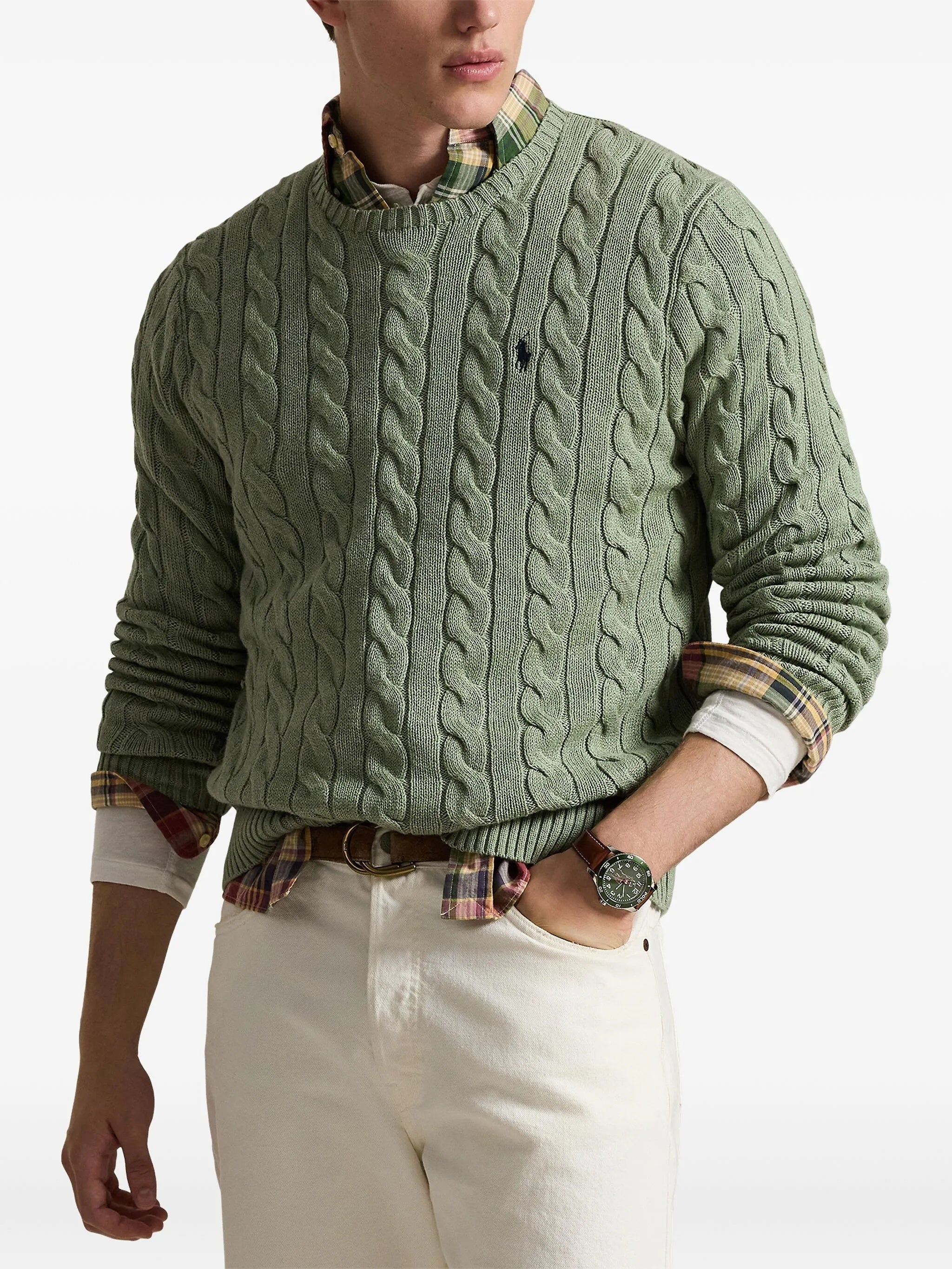 Green Pullover Cable Knit Cotton Sweater