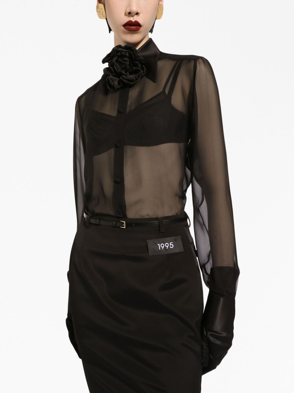 Sheer Black Long-Sleeved Silk Blouse
