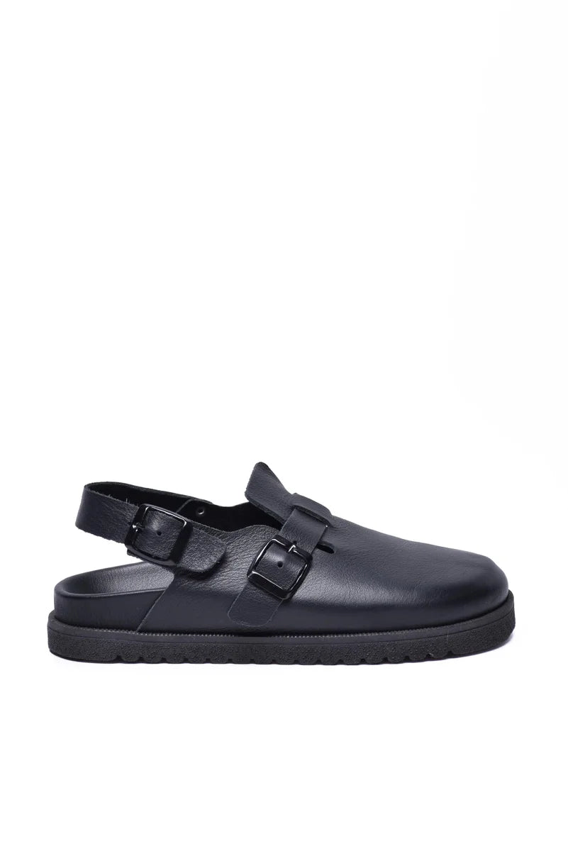 Black Leather Mules with Adjustable Strap