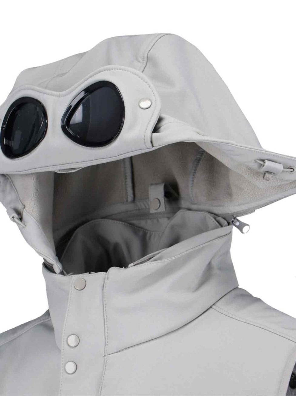 Sleeveless Light Grey Jacket With High Collar And Detachable Hood