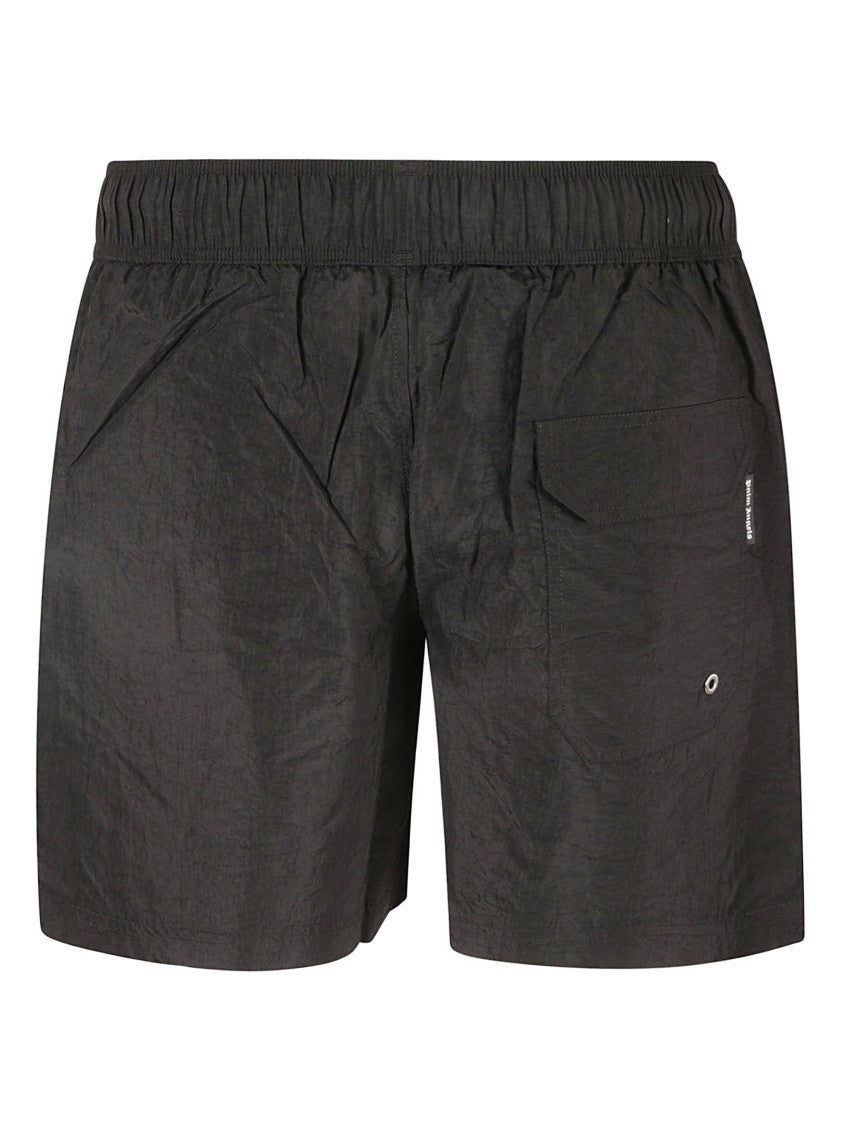 Crinkled Texture Black Shorts With Elastic Waistband