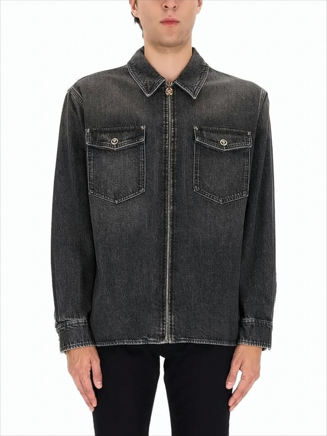 Washed Black Denim Long-Sleeve Versace Shirt
