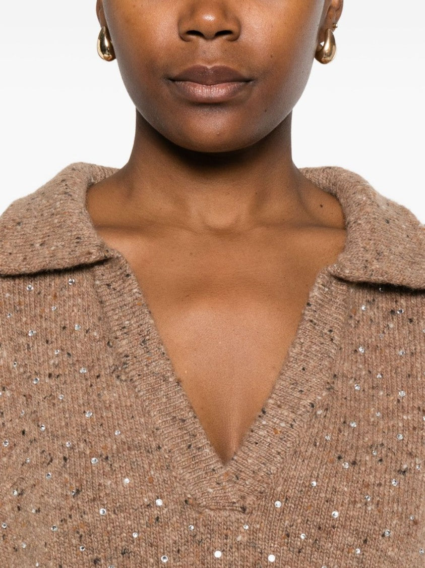 Camel Knit Top with Deep V-Neckline