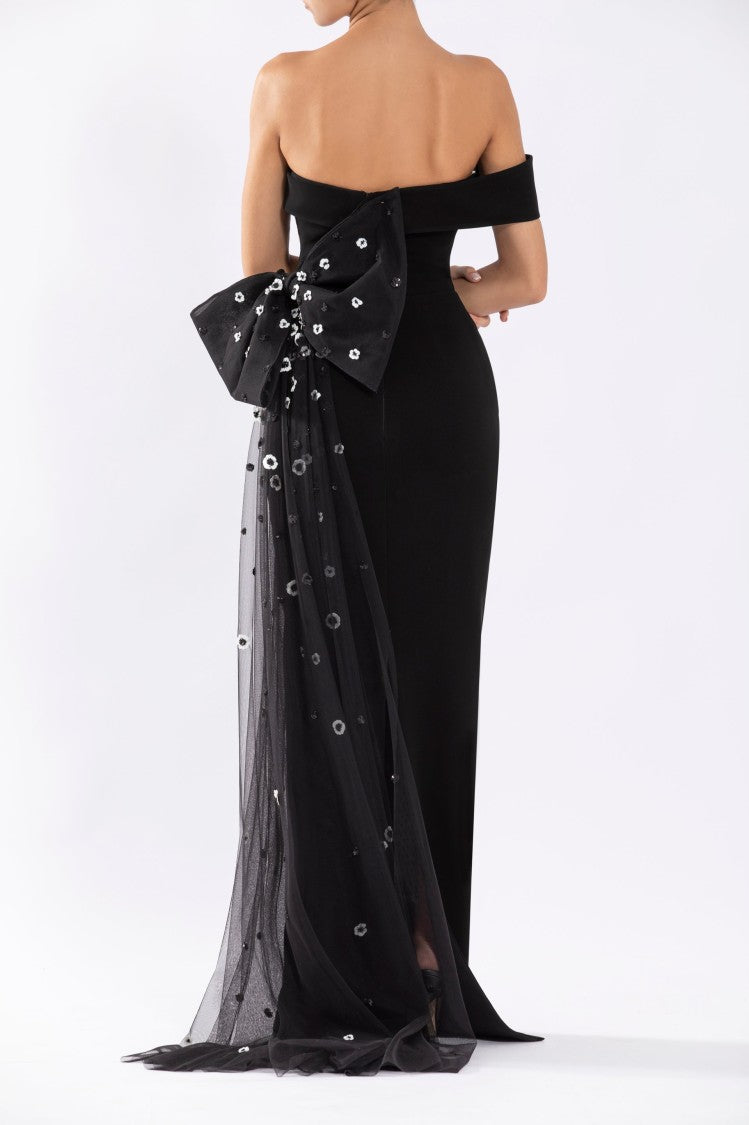 Crepe Off-Shoulder Dress With A Tulle Bow