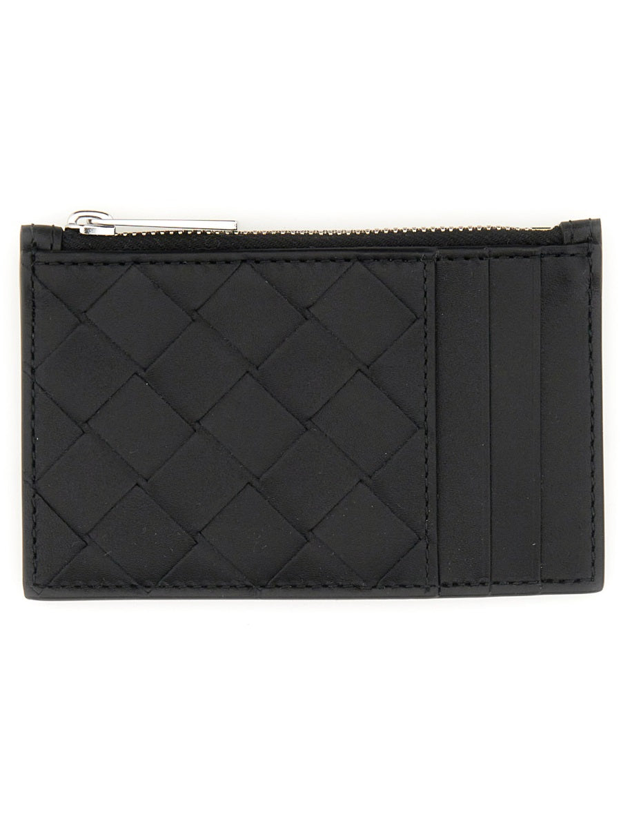 Woven Calfskin Card Holder with Zipper Closure