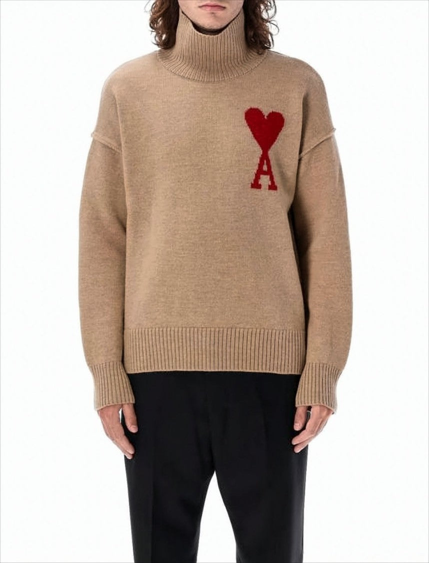 Brown Wool Turtleneck Sweater With Dropped Shoulders