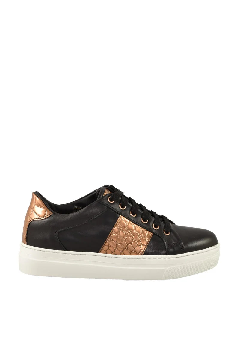 Black Leather Sneakers with Textured Bronze Accents