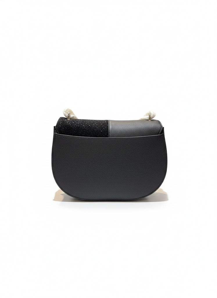 Half-and-Half Design Shoulder Bag with Metallic Emblem
