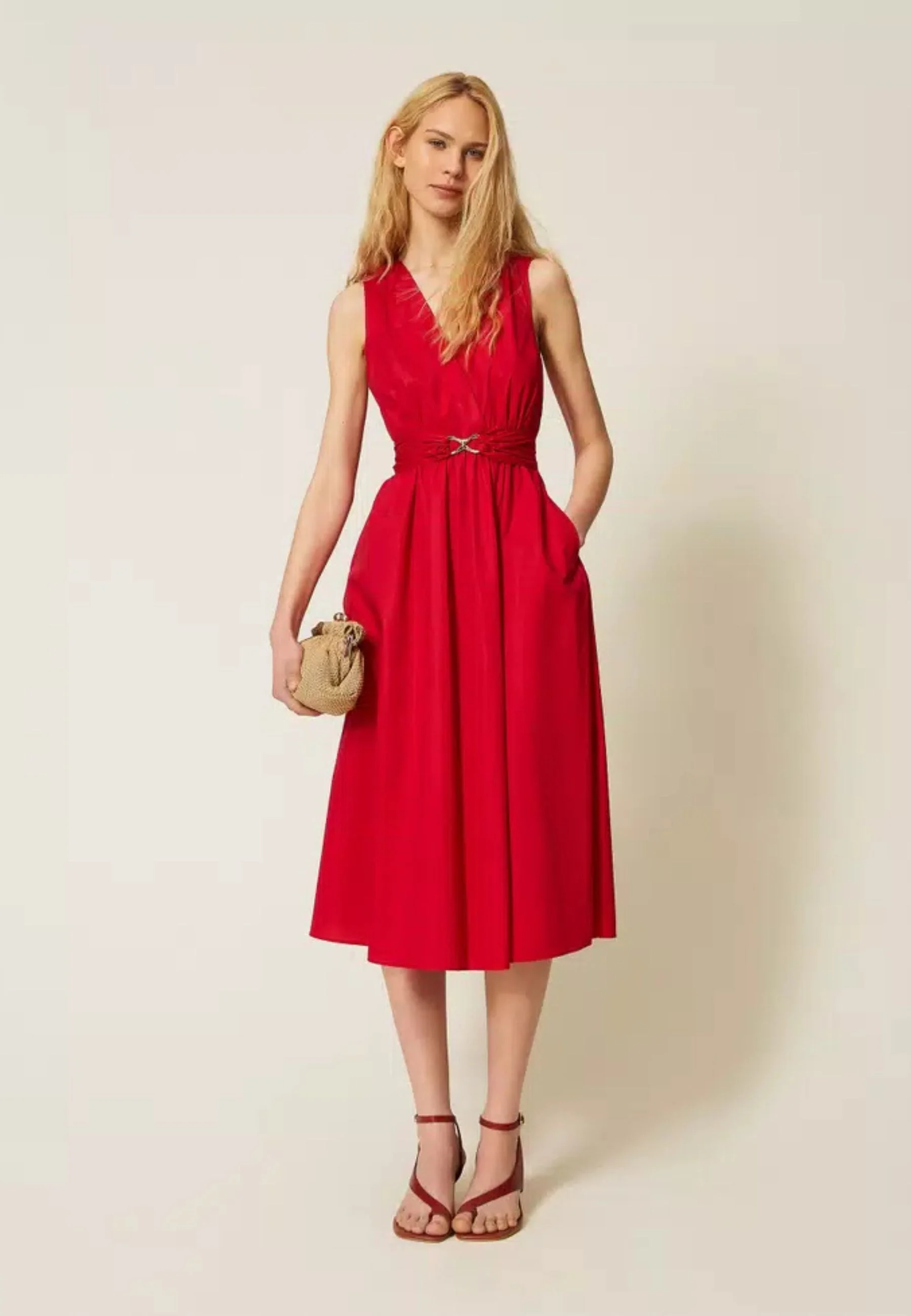 Sleeveless Midi Dress with Deep V-Neckline
