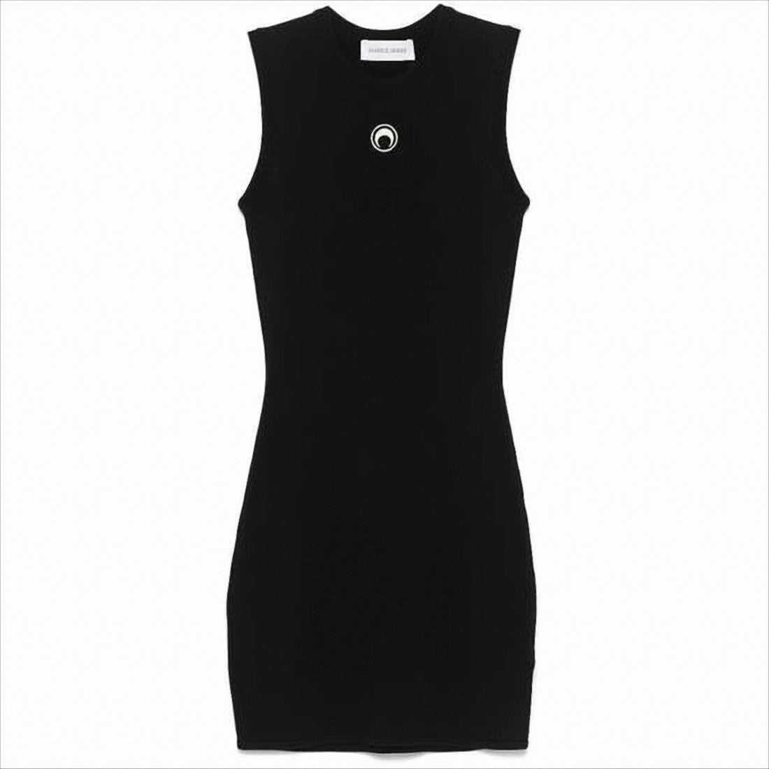 Fitted Black Mini Dress with Circular Emblem