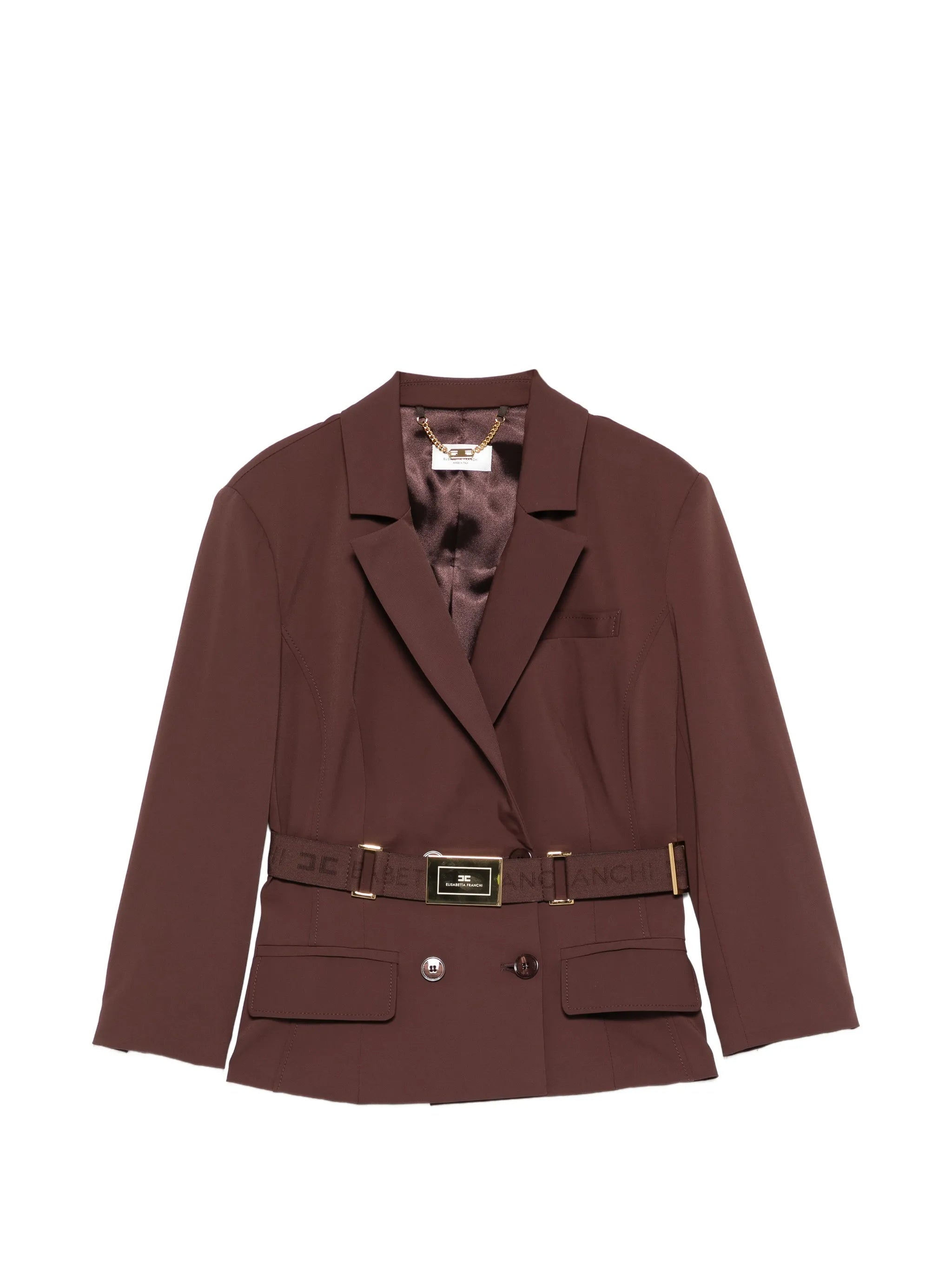 Double-Breasted Tailored Brown Belted Jacket