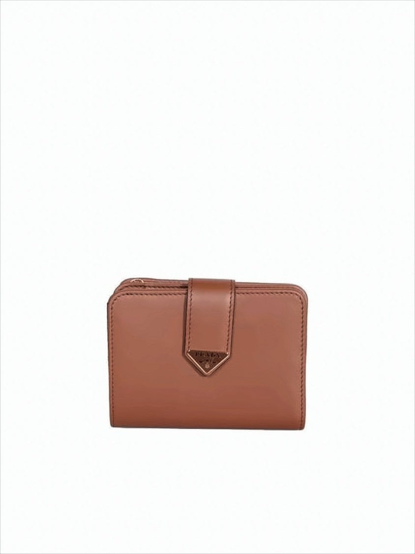 Compact Brown Flap Wallet with Triangular Metal Accent