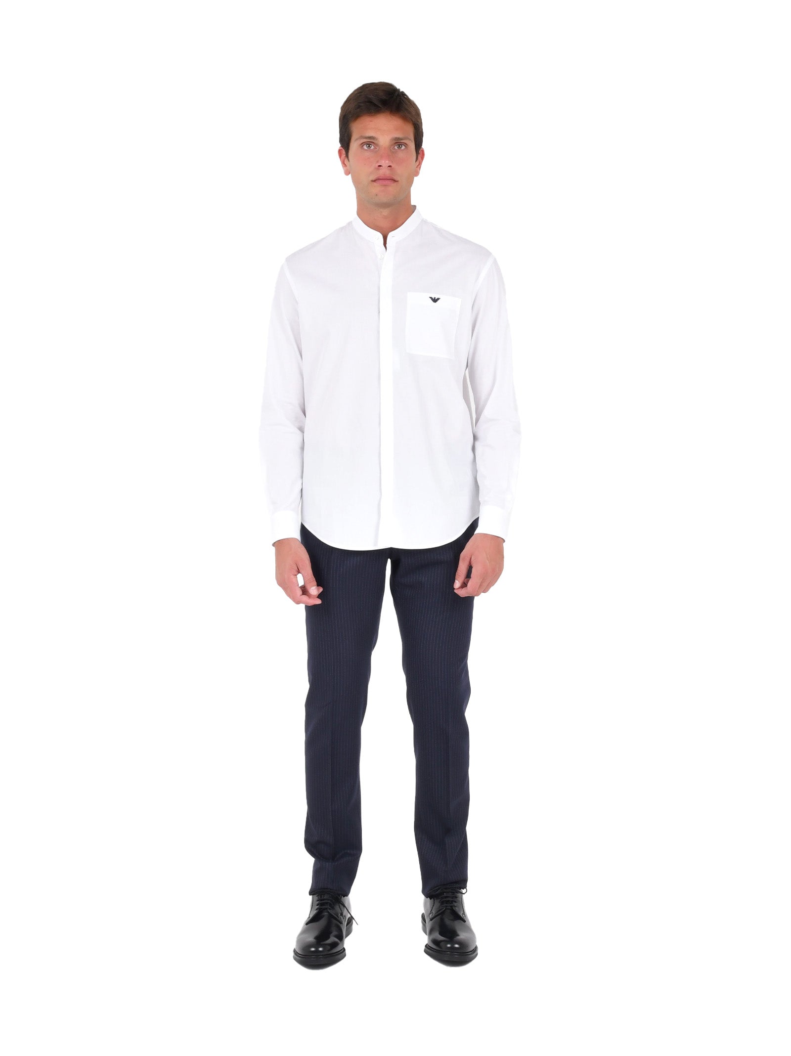 Mandarin Collar White Shirt With Contrasting Logo