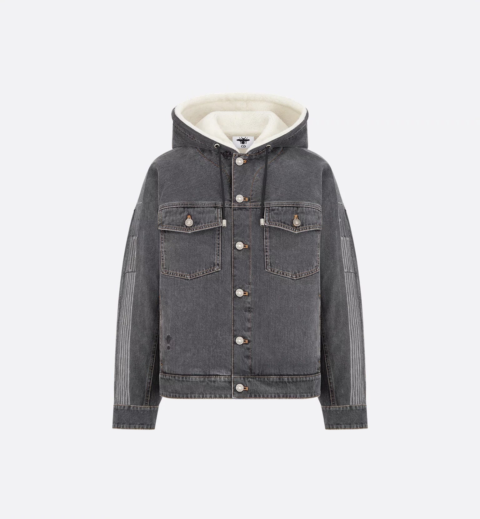 Washed Black Denim Hooded Vertical Stitch Jacket