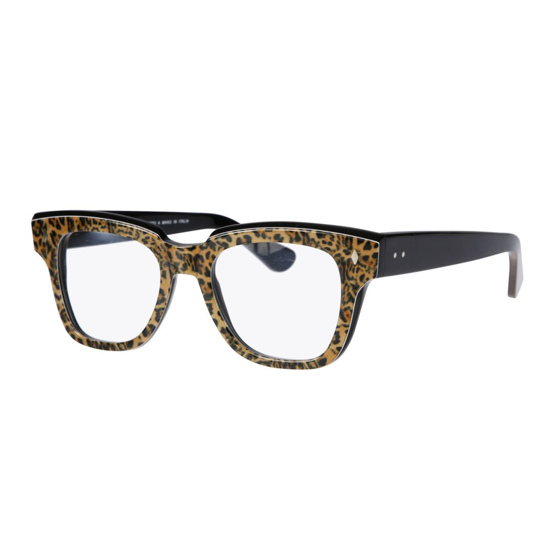 Rombo Leopard Print Rectangular Frame Sunglasses with Black Temples