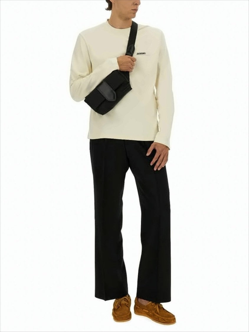 Long-Sleeve Off-White Cotton T-Shirt with Subtle Logo Patch