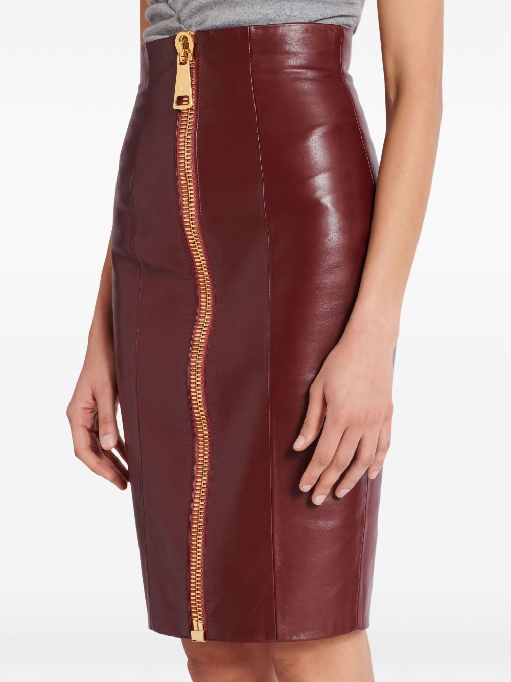 High-Waisted Pencil Skirt in Rich Brown Lambskin Leather