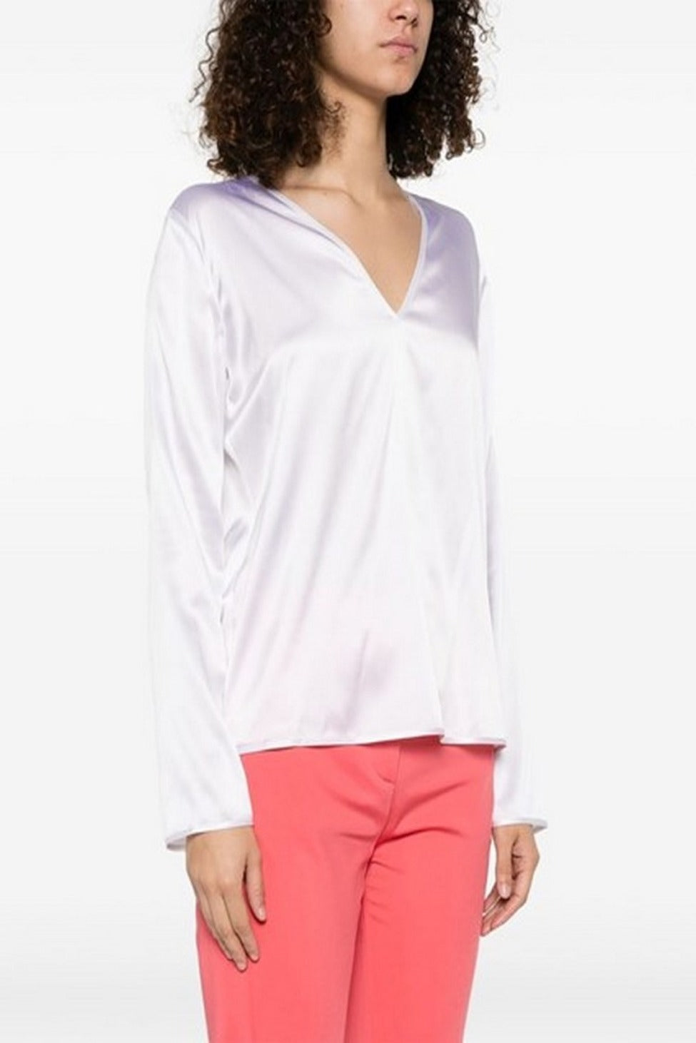V-Neck Long Sleeve Silk-Elastan Blend Shirt
