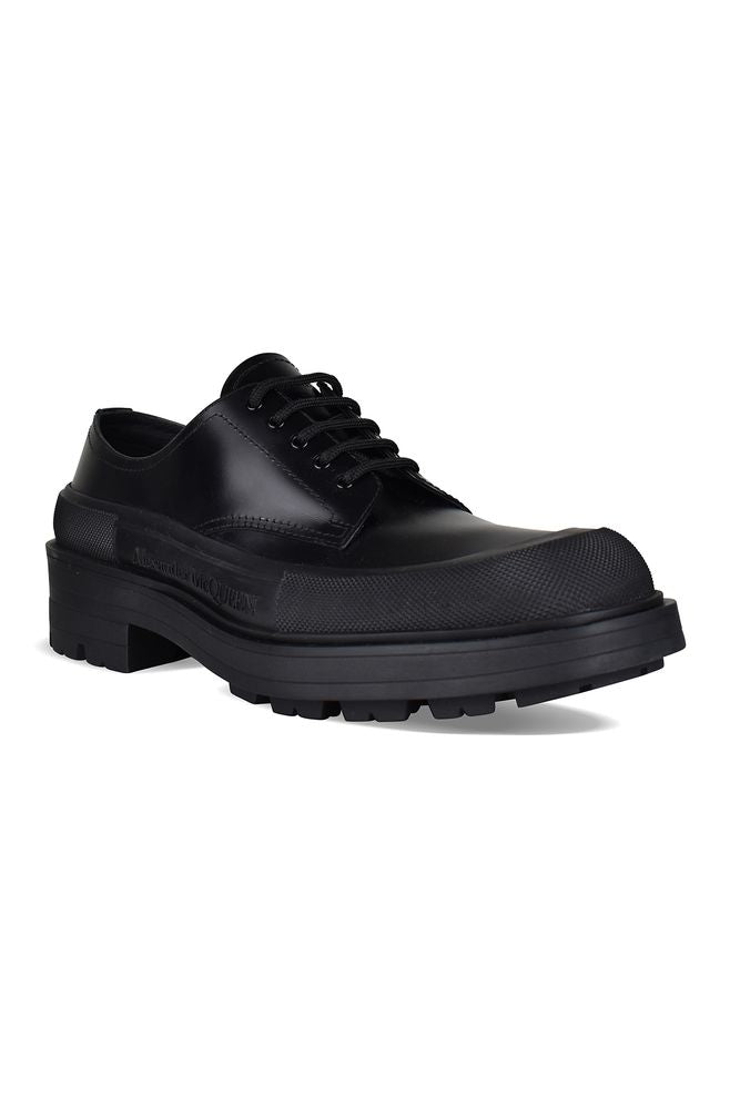 Topstitched Black Leather Derbies With Contrasting Sole