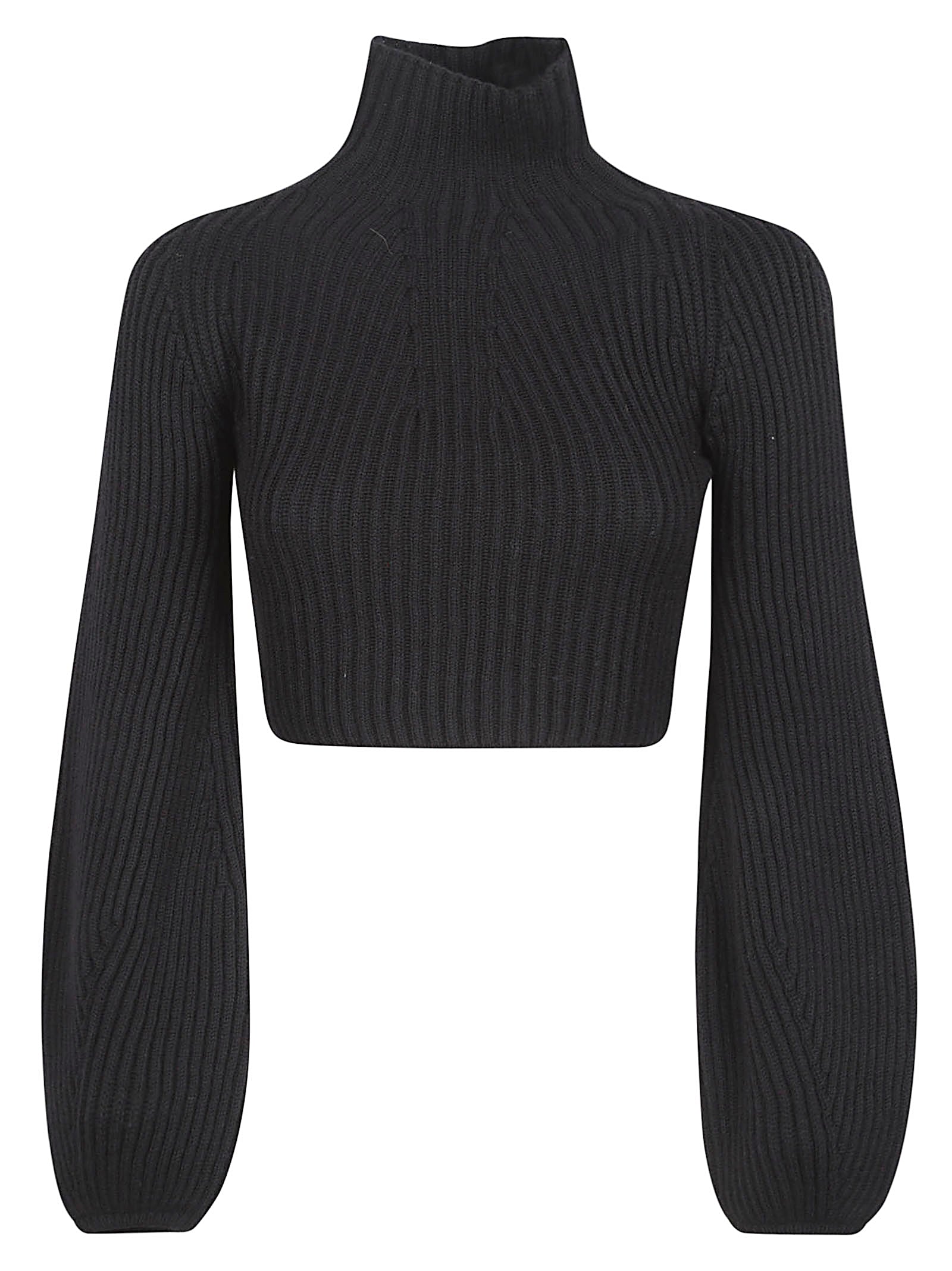 Cropped Ribbed Sweater With Balloon Sleeves