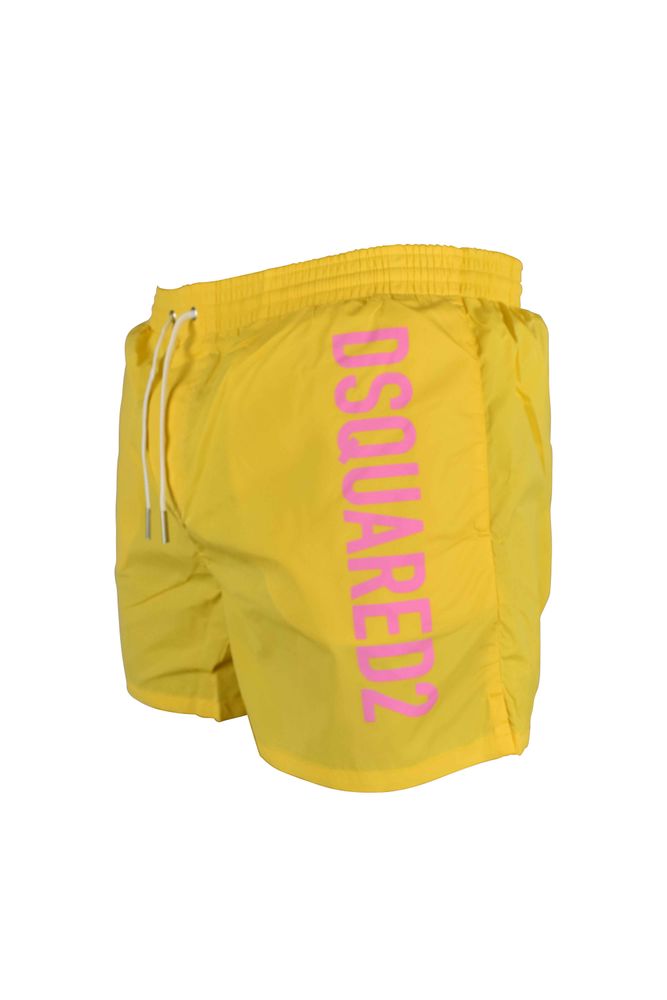 Yellow Swim Shorts With Bold Pink Logo