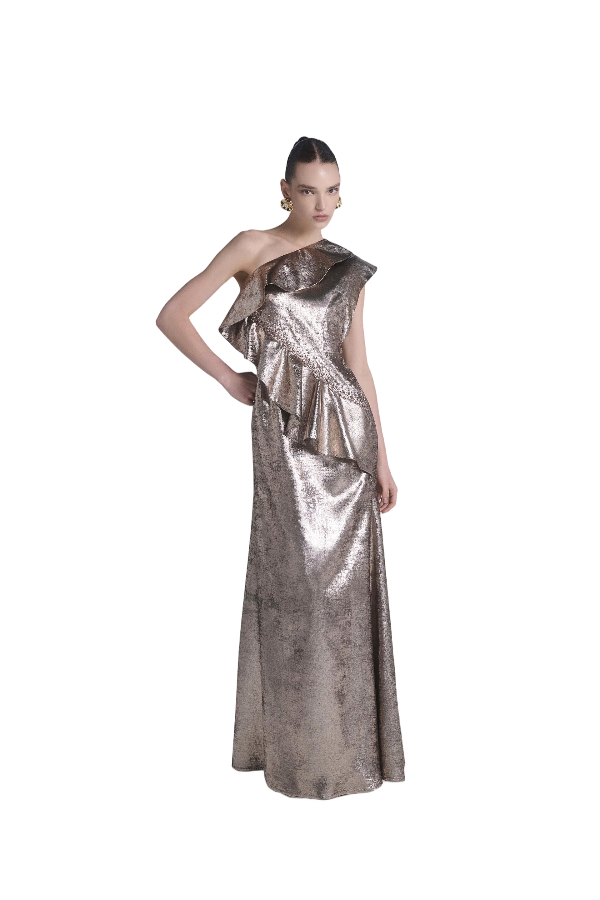 Embellished One-Shoulder Lamé Dress