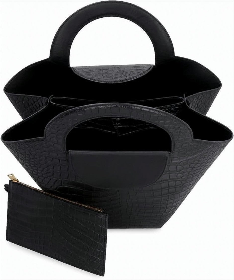 Trapezoidal Crocodile-Embossed Leather Tote Bag
