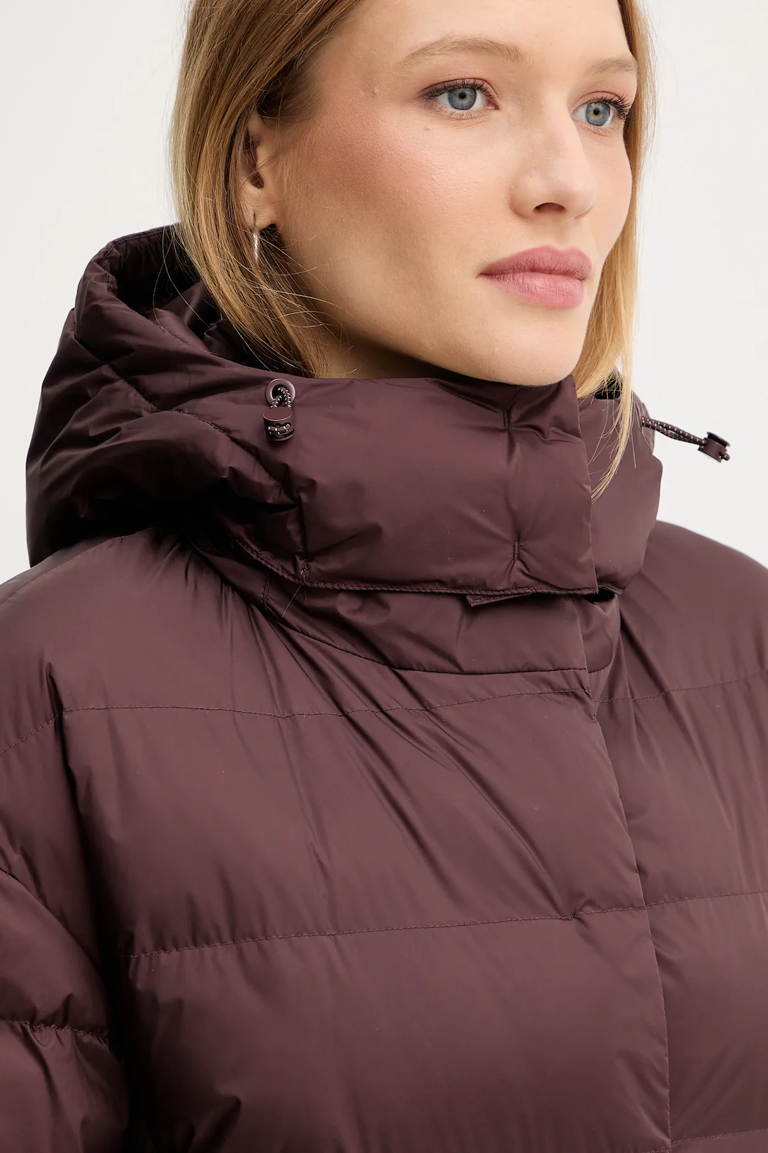 Burgundy Quilted Long Coat With Adjustable Hood