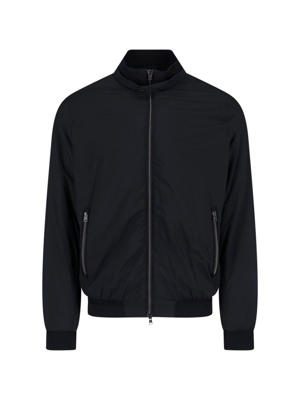 Sleek Black Minimalist Jacket With High Collar And Front Zip Closure