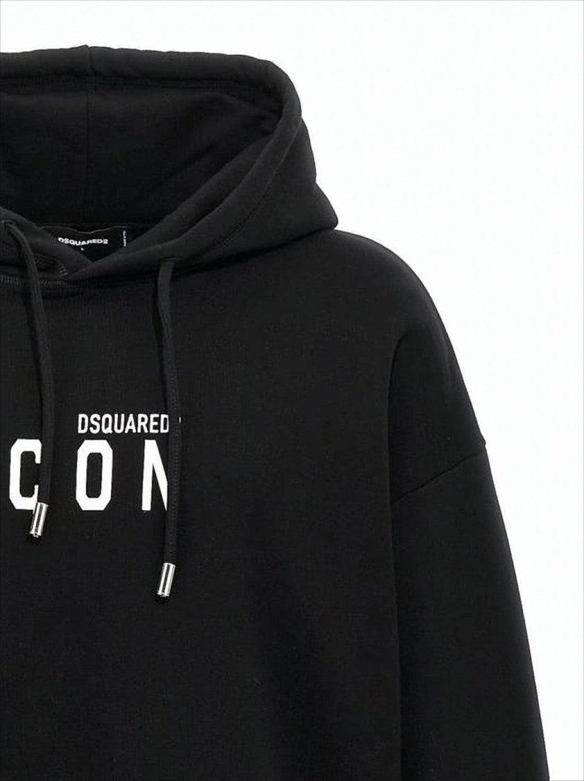 Relaxed Fit Black Hoodie with Graphic Text and Kangaroo Pocket