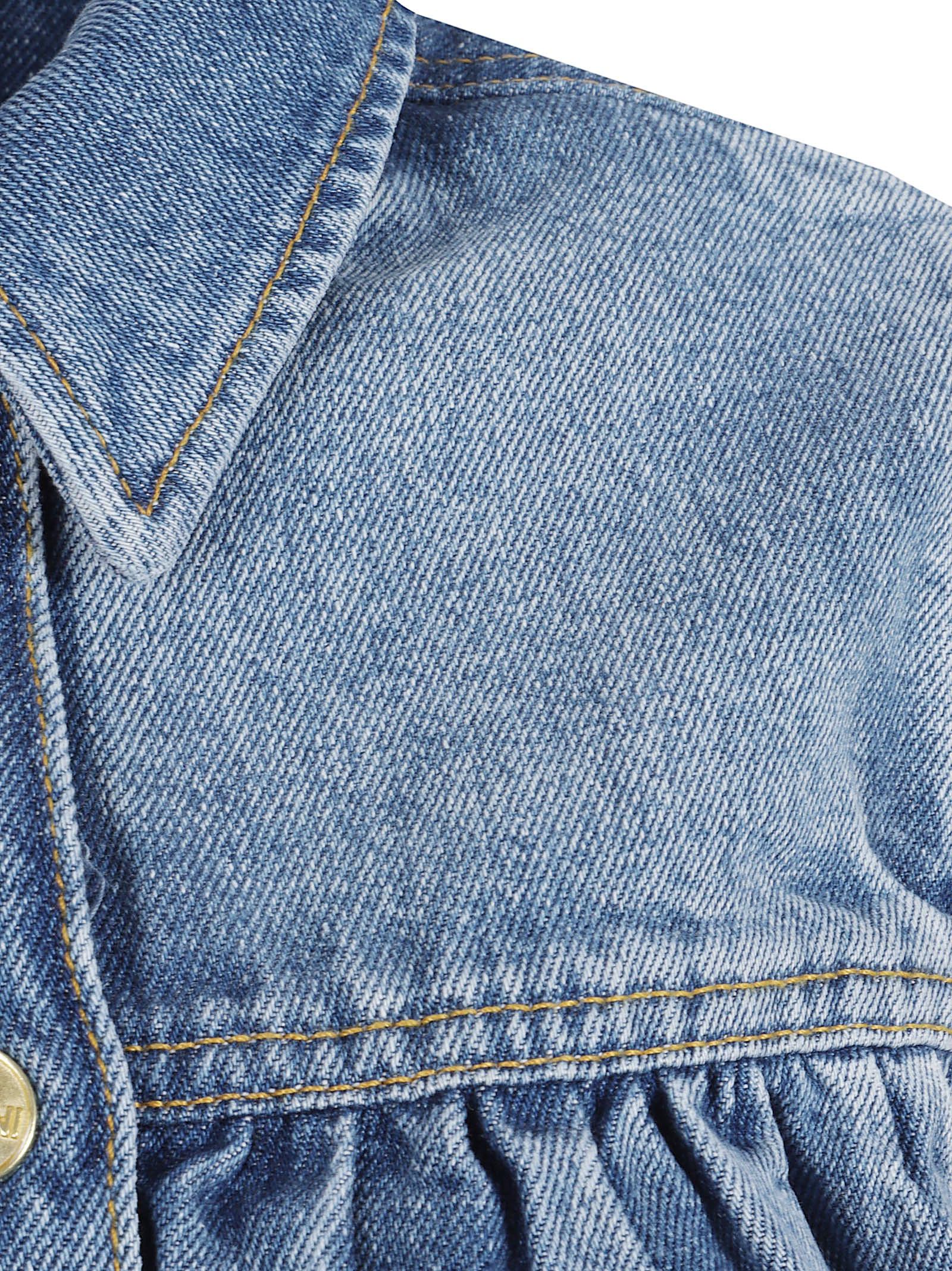 Medium-Wash Denim Shirt with Ruffled Sleeves