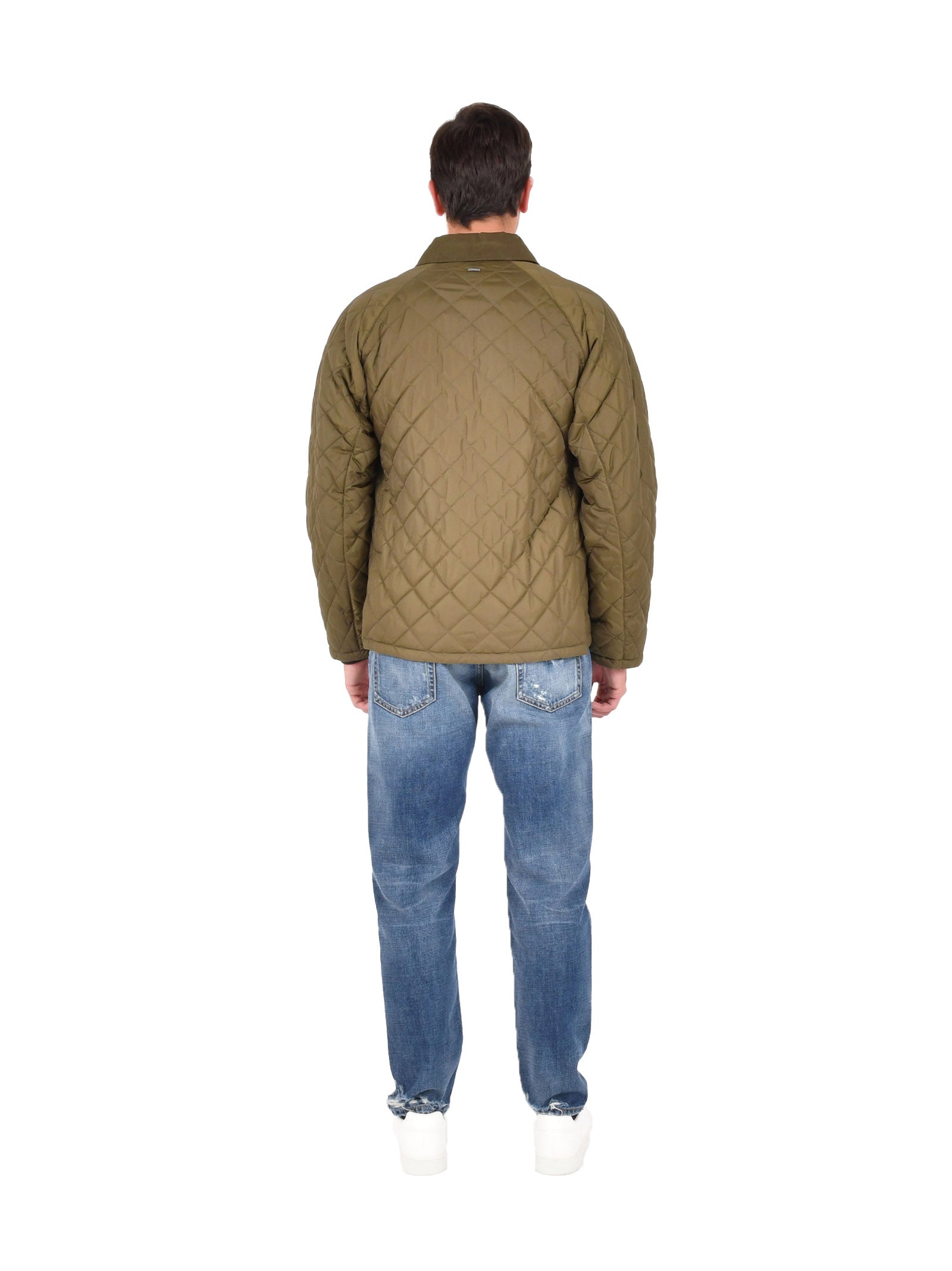 Military Green Quilted Jacket With Structured Collar