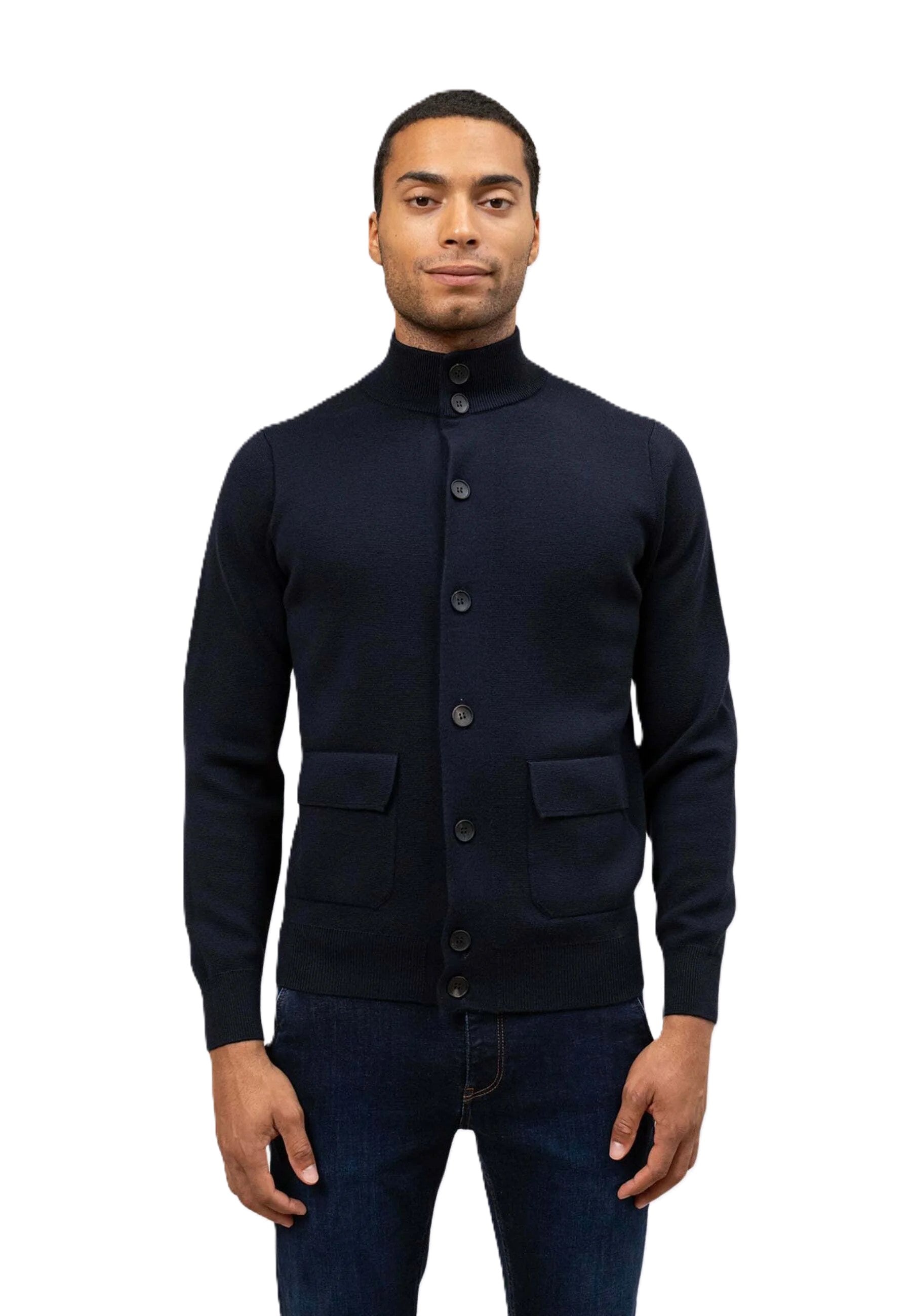 Navy Blue Wool Buttoned Cardigan