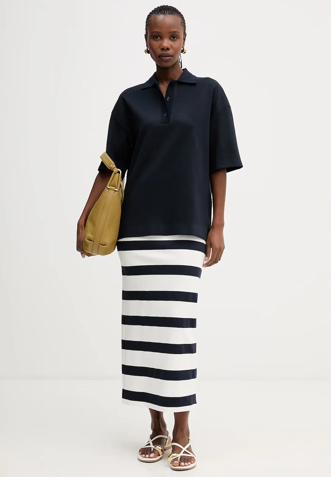 Navy Striped Viscose Midi Skirt